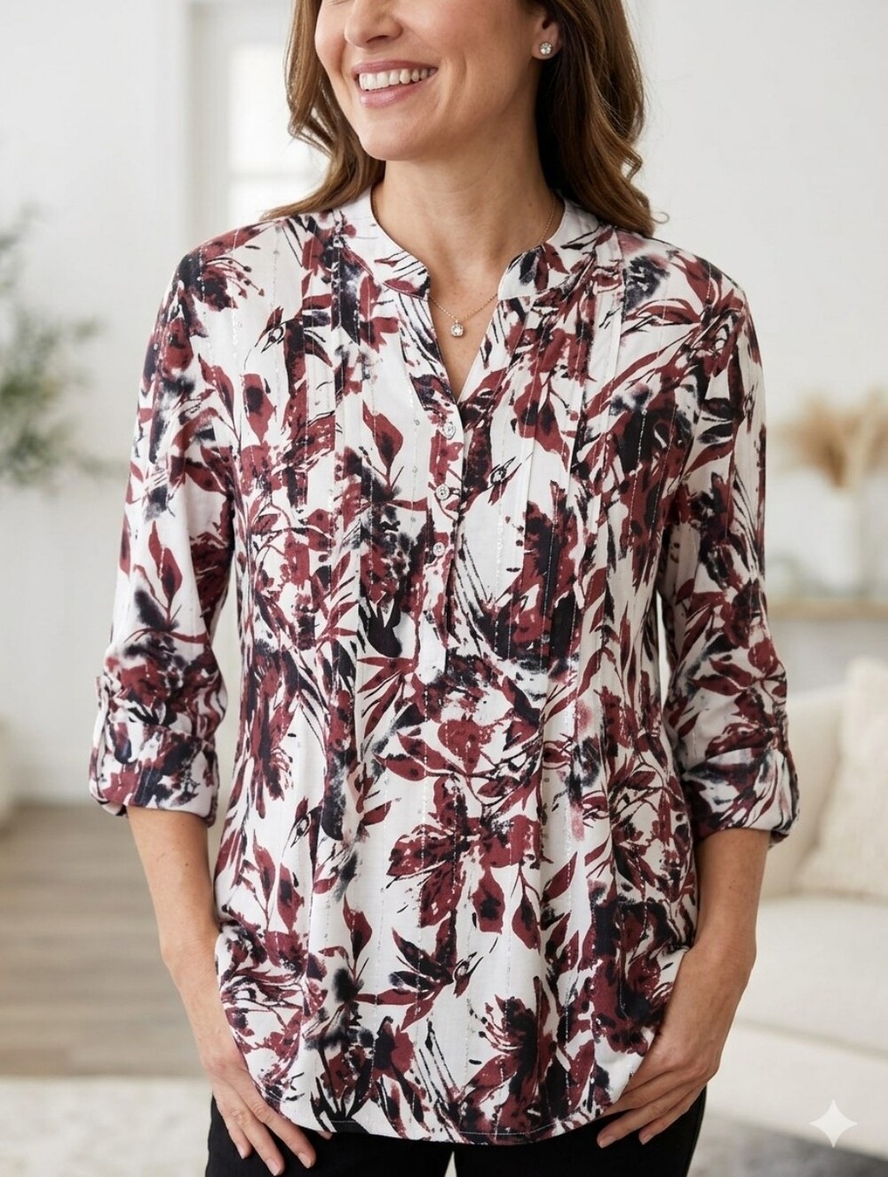 Ava & Grace Floral V-Neck Blouse with Sequin Accents – Size Large